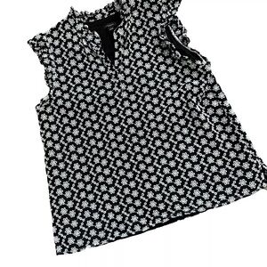 ANN TAYLOR Black White Embroidered Floral Split Neck Ruffle Lined Shirt Blouse